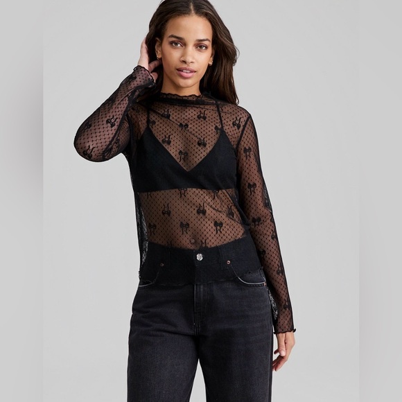 And Now This Tops - NWT! Women's Bow-Motif Lace Mock Neck Top